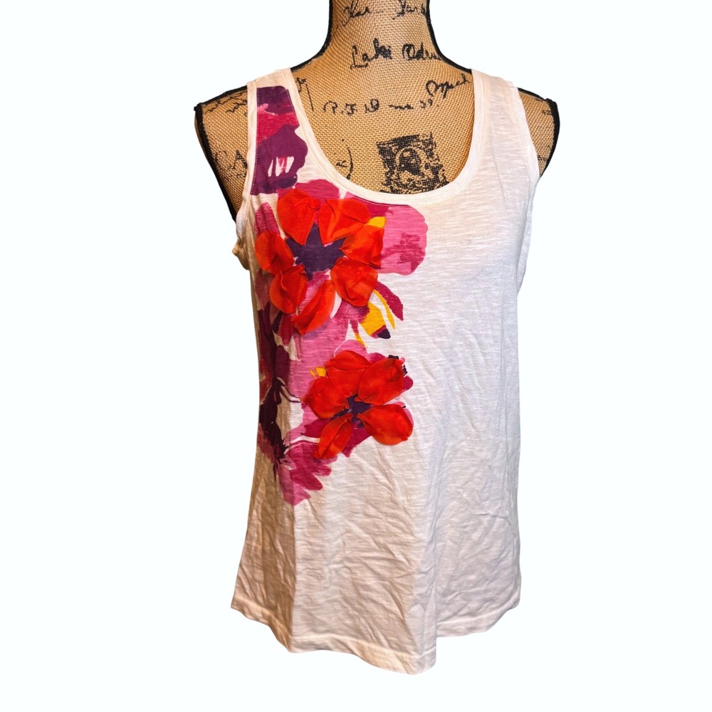 LOFT Petites White Floral 3D Petal Applique Slub Knit Tank Top Size MP